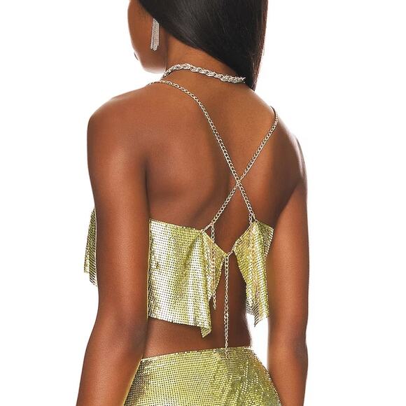 Lovers + Friends Metallic Green Chainmail Crop Top MEDIUM Iridescent Coachella - Picture 3 of 9